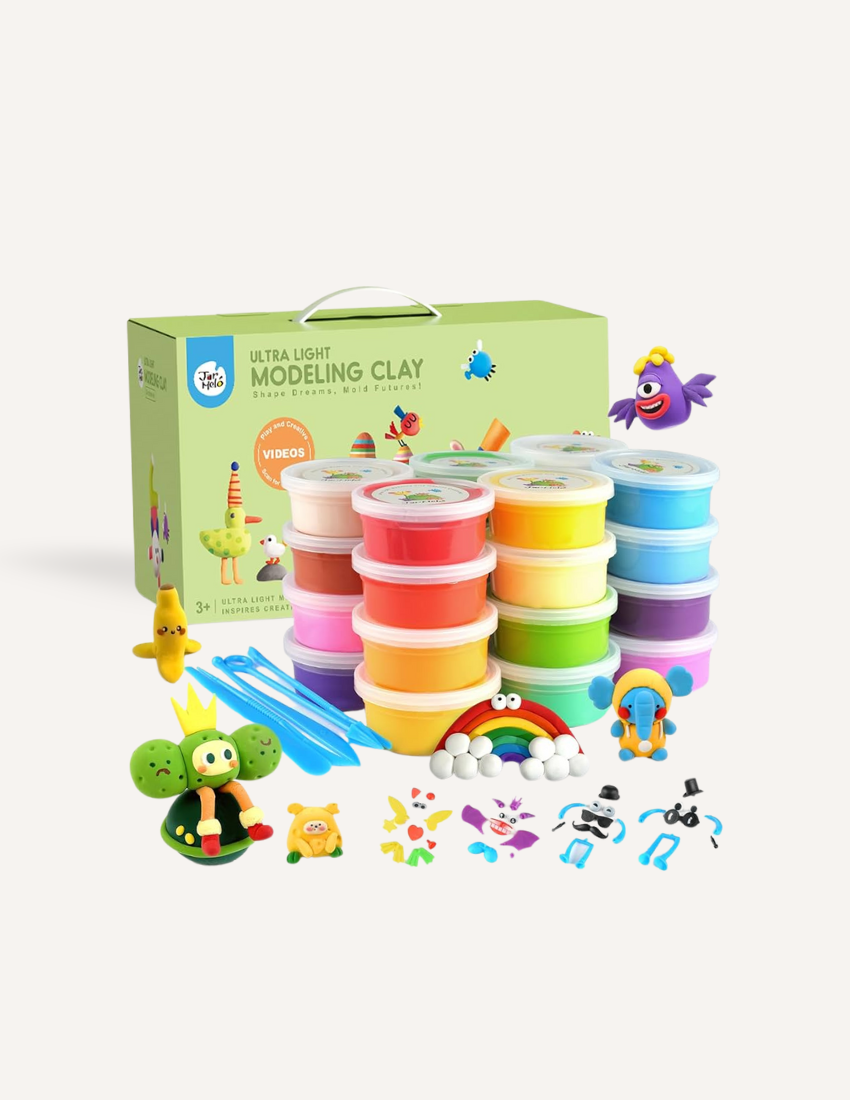 A vibrant Fine Motor Practice: Play Kit by The Play Way is open, revealing a delightful assortment of children's activity items. Included are ultra-light modeling clay, a 3D printing pen set designed to enhance fine motor skills, a gemstone excavation kit, and an array of small toys. The scene is set against a simple white background.