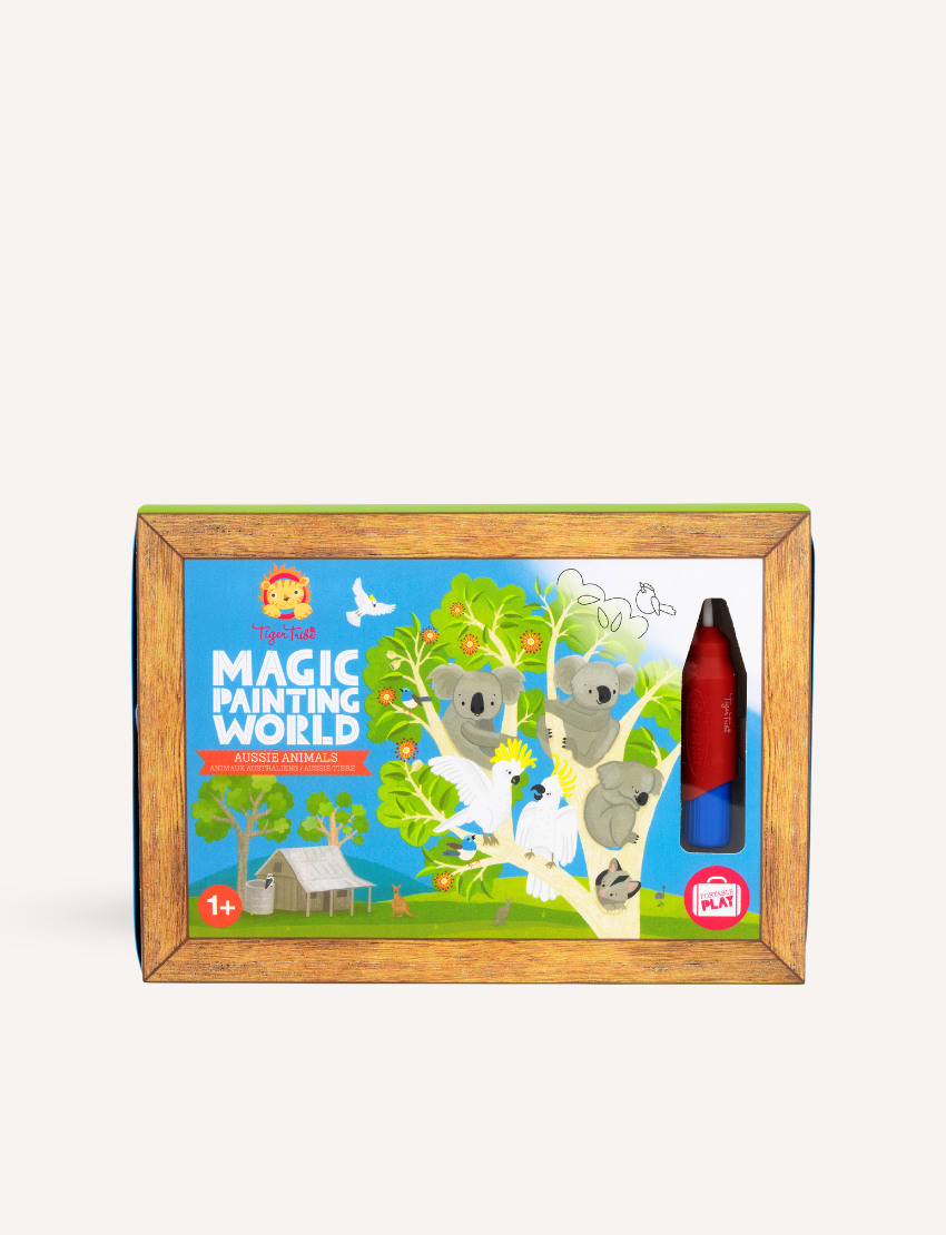 Displayed are four sets of Tiger Tribe's Magic Painting World: a jungle scene, vehicles, zoo animals, and an underwater scene. Each set comes with a water-brush pen for convenient use. Arranged in two layers with two sets on top and two below, these products offer portable creative adventures wherever you go.