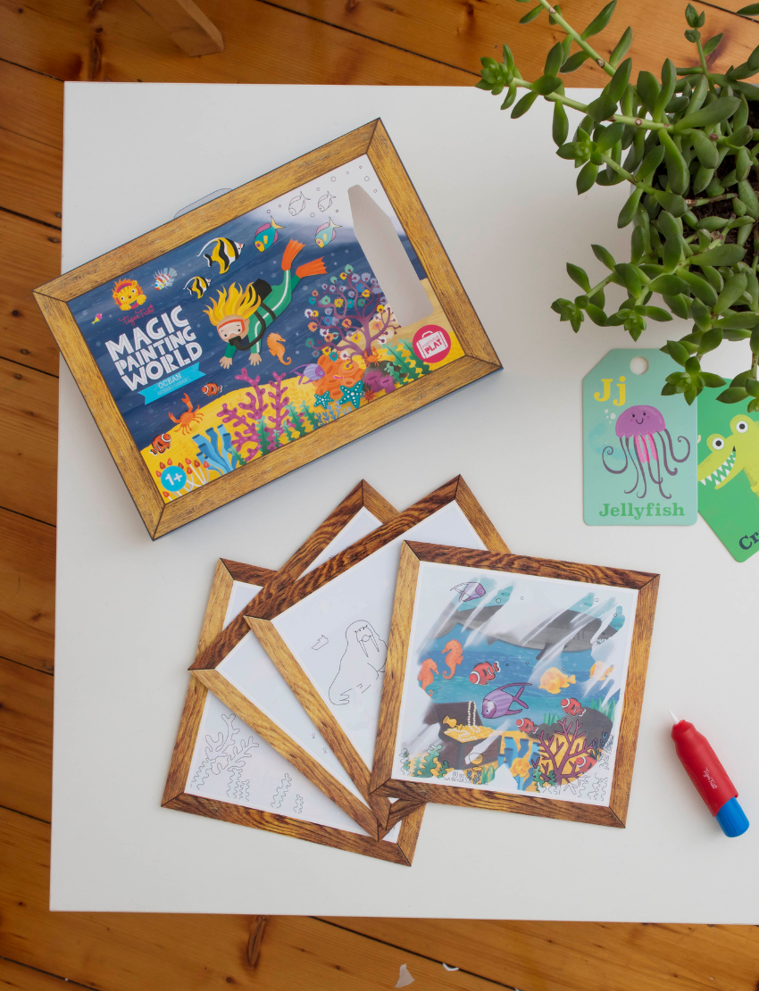 Four Tiger Tribe Magic Painting World kits are available, each with vivid illustrations of dinosaurs, vehicles, jungle animals, and sea life. Each set includes a special brush for easy and portable play.