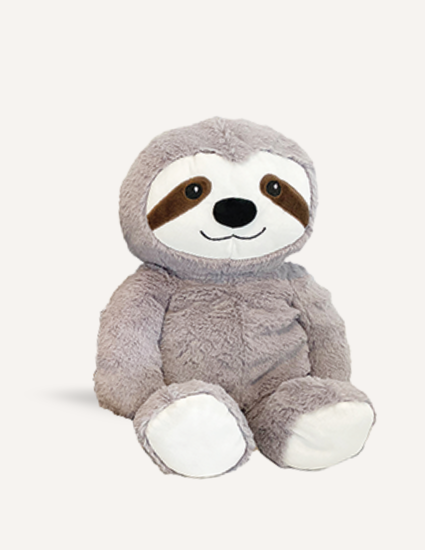 Introducing the Elizabeth Richards Weighted Sloth Toy: This adorable plush sloth showcases a cheerful expression, with distinctive brown and white facial markings. Its body is made of soft, light gray fabric complemented by white paws. Designed to sit upright against a plain off-white background, this comforting companion provides sensory regulation to promote emotional stability.