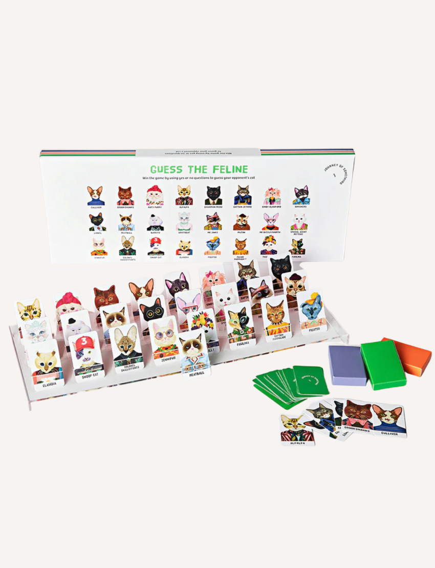 Guess the Feline board game with cat character cards, stands, and instructions.
