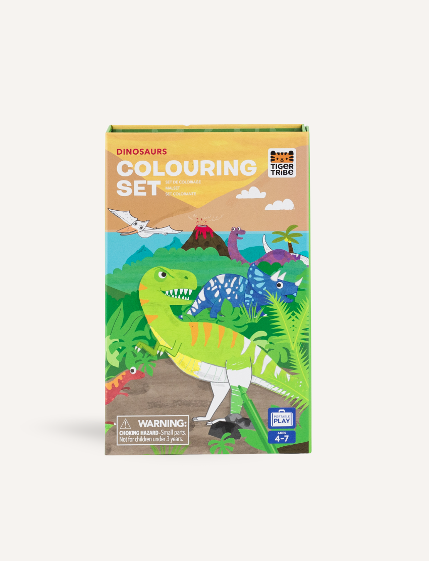 The Tiger Tribe Colouring Set - Zoo is one of four portable boxes, featuring vibrant illustrations centered on themes like koalas with birds, dinosaurs, and forest fairies. These creative activity sets are suitable for ages 8 and up and include a safety warning at the bottom.