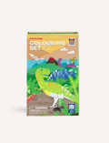 Four Colouring Set boxes from Tiger Tribe are on display, ideal for entertaining activities for children. Each set showcases a unique theme: zoo animals, rainforest animals, dinosaurs, and forest fairies. The boxes are adorned with vibrant illustrations reflecting their respective themes and include a warning label.