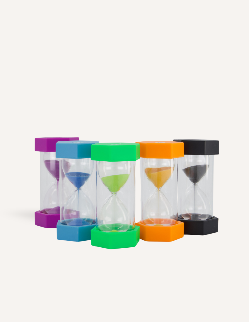 Sensory Play Australia Sand Timers Set: Five colorful hourglasses (purple, blue, green, orange, black) for visual time management, focus, and executive functioning.