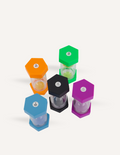 The Sand Timers Set by Sensory Play Australia, a collection of five vibrant sand timers ideal for managing time, is beautifully showcased. Each timer features hexagonal caps and bases in shades of purple, blue, green, orange, and black with coordinating sand inside. All the timers are neatly lined up against a plain white background.