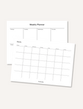 A set of minimalist magnetic planners from The Play Way. The image shows a reusable weekly planner and a monthly calendar grid, both designed as dry-erase surfaces for family organization and scheduling.