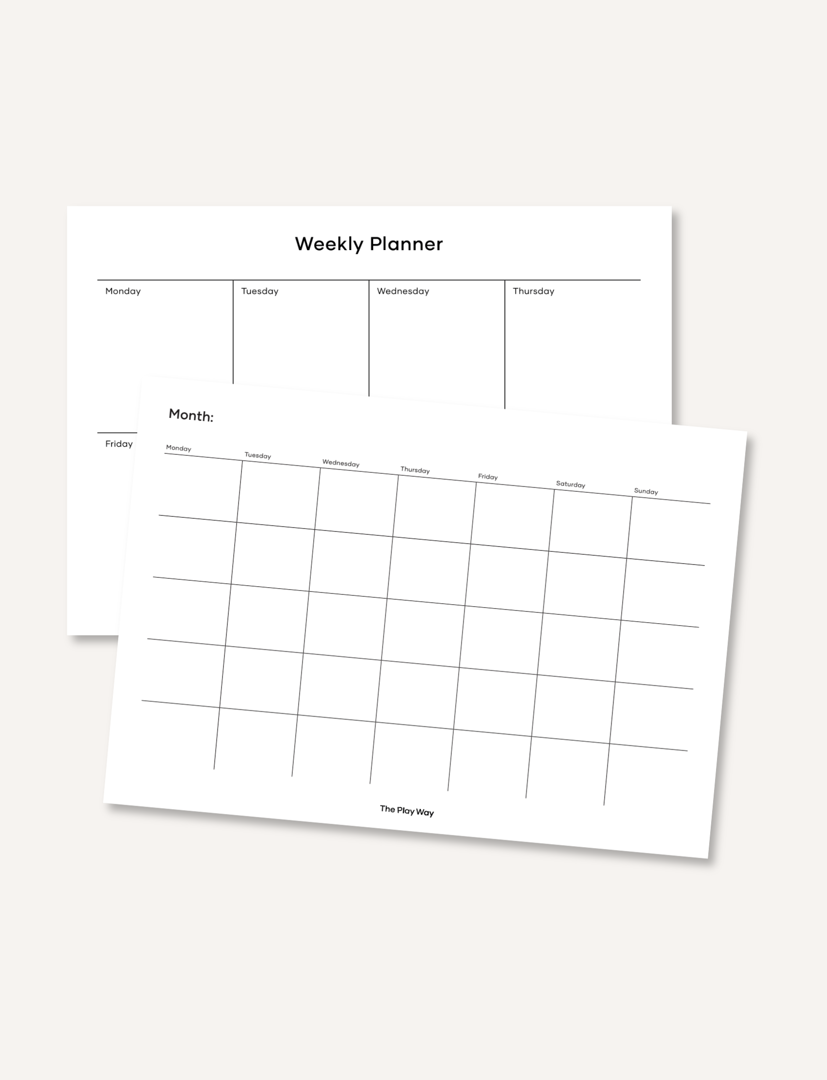A set of minimalist magnetic planners from The Play Way. The image shows a reusable weekly planner and a monthly calendar grid, both designed as dry-erase surfaces for family organization and scheduling.