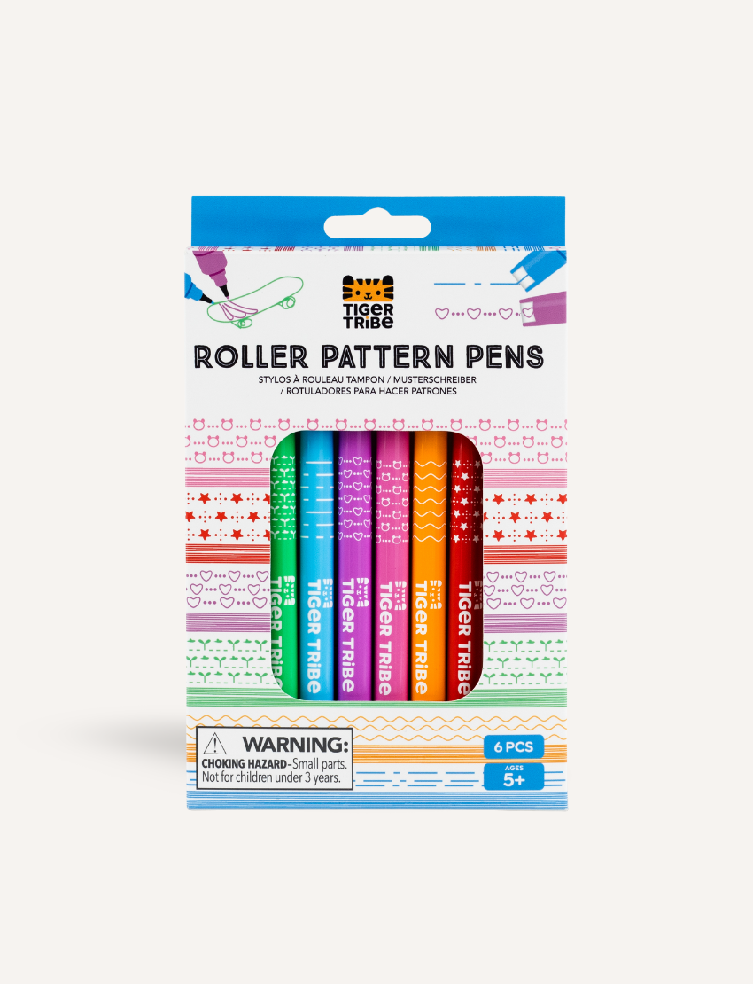 A pack of six Tiger Tribe Roller Pattern Pens, showcased in a cardboard box featuring a transparent plastic front. These pens come in various colors, suitable for children aged 5 and above, with a choking hazard warning for children under 3 years old.