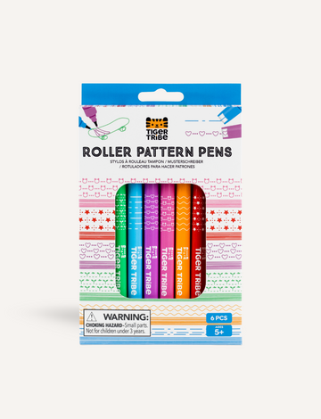 A pack of six Tiger Tribe Roller Pattern Pens, showcased in a cardboard box featuring a transparent plastic front. These pens come in various colors, suitable for children aged 5 and above, with a choking hazard warning for children under 3 years old.