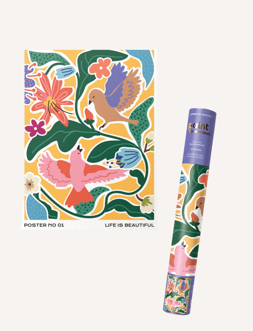 Explore mindfulness with our Paint by Numbers kit by Journey of Something. Enjoy creating art with a canvas titled "Life is Beautiful," featuring two illustrated birds and flowers. Complete your masterpiece using 16 numbered paint pots and two brushes, all in a decorative tube.