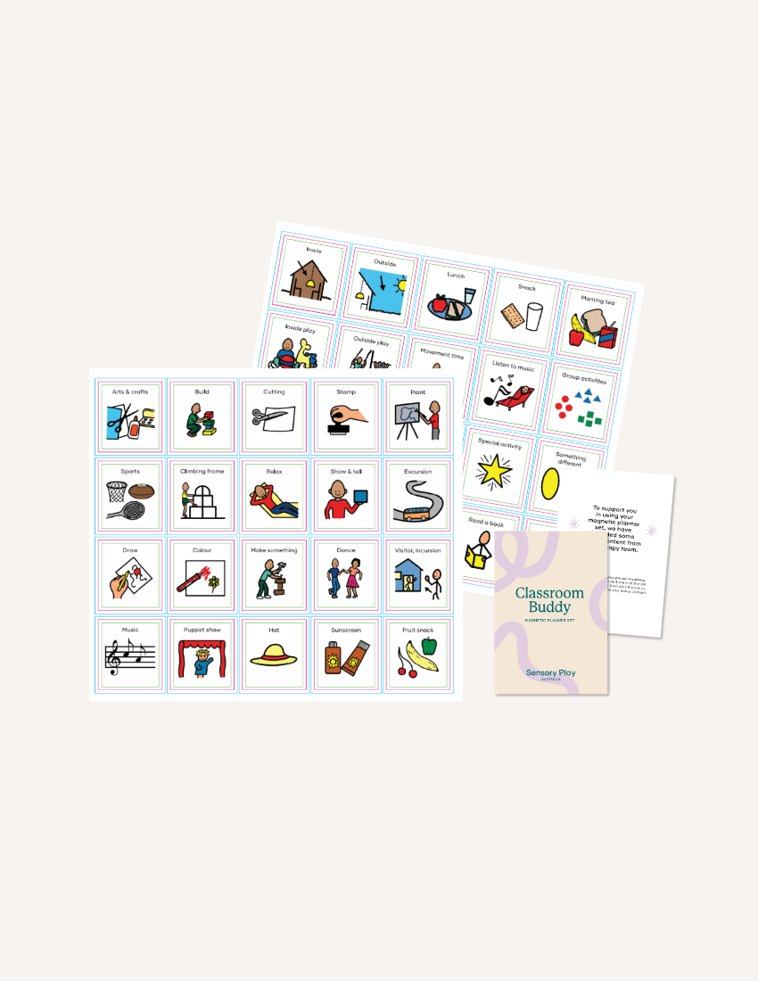 Image features Kinder Routine Magnets by Sensory Play Australia: two laminated sheets with colorful icons and words like "Outside," "Lunch," and "Story time." Two small classroom magnet cards enhance the structured learning atmosphere, fostering student engagement.