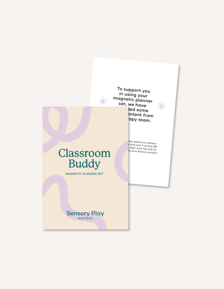 Image features Kinder Routine Magnets by Sensory Play Australia: two laminated sheets with colorful icons and words like "Outside," "Lunch," and "Story time." Two small classroom magnet cards enhance the structured learning atmosphere, fostering student engagement.