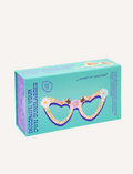 Two boxed craft kits feature a teal pair with heart-shaped sunglasses and a yellow pair with flower-shaped sunglasses. Both are labeled 