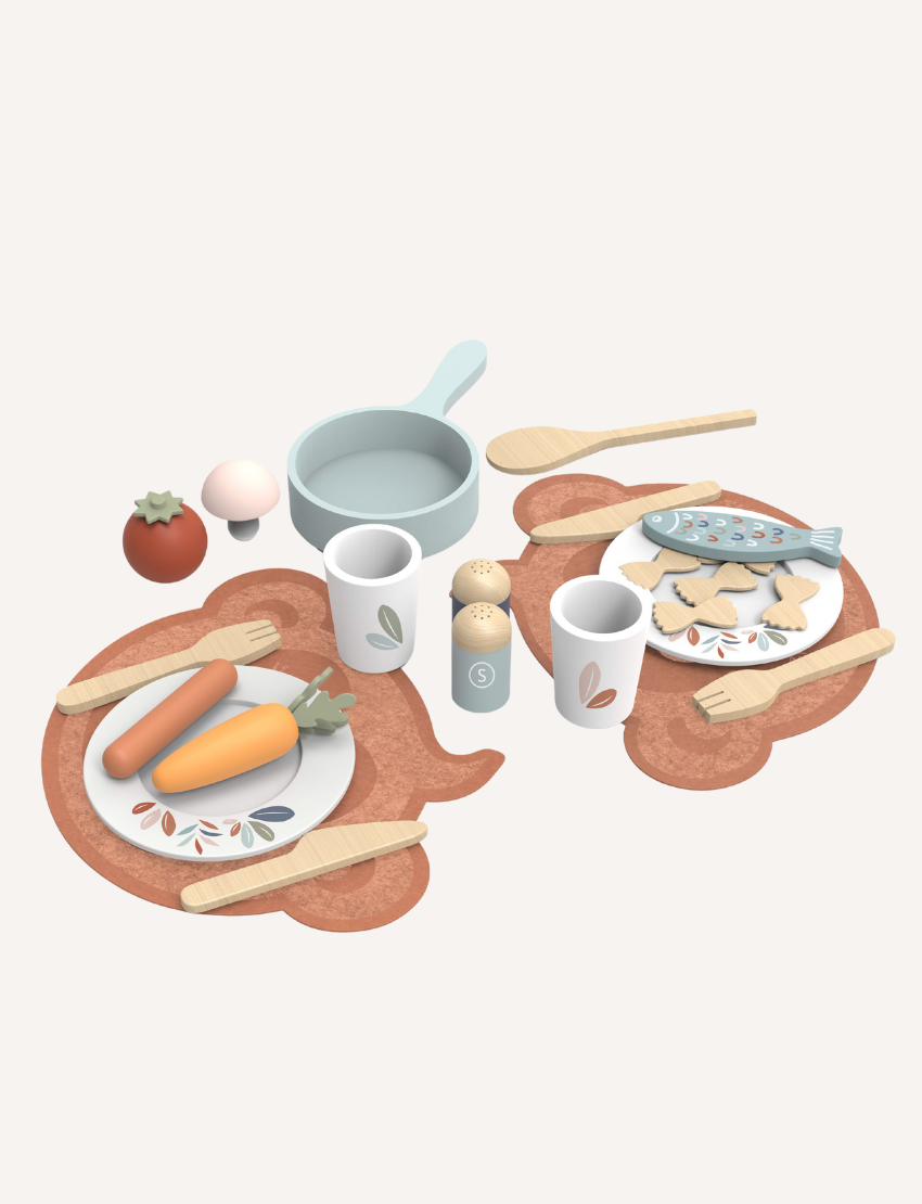 Wooden dining set for play, including plates, cutlery, food items like carrots and fish, and cups.