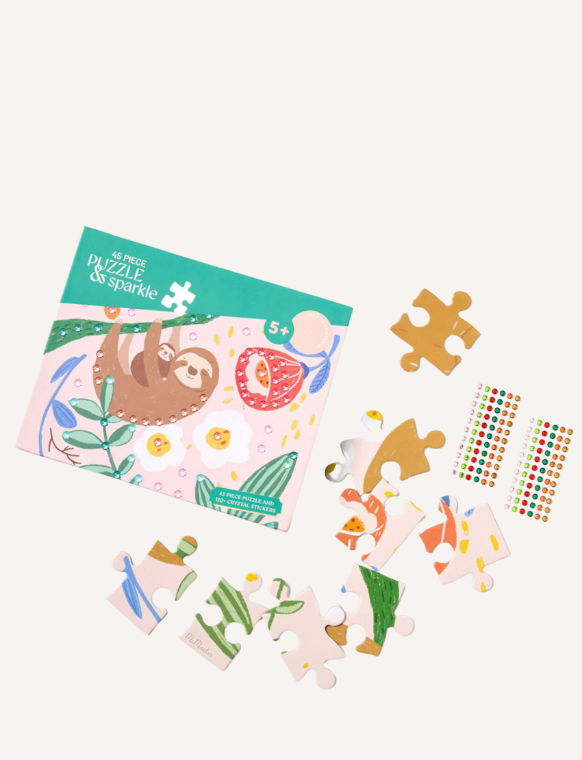 45 piece puzzle and sparkle kit with sloth image and stickers