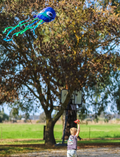 A young girl in a purple sweater and black pants holds a Jelly Kite by Tiger Tribe, designed as a blue jellyfish with big eyes and adorned with green and blue streamers. She is standing on a grassy field with trees in the background.