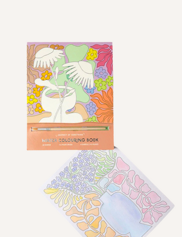 The "Watercolour Painting Book" from Journey of Something is paired with an open page displaying a floral design. The cover showcases abstract white hands, a vase, and colorful flowers on a pastel background. It includes 20 sheets and 6 papers.