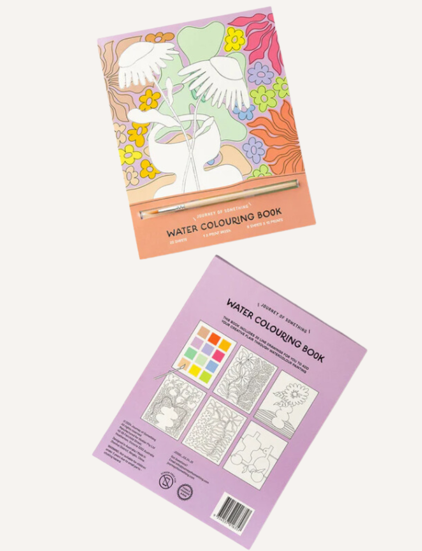 The "Watercolour Painting Book" from Journey of Something is paired with an open page displaying a floral design. The cover showcases abstract white hands, a vase, and colorful flowers on a pastel background. It includes 20 sheets and 6 papers.