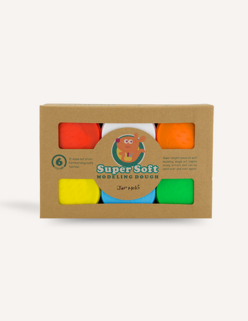 A set of Jar Melo's Super Soft Modeling Dough includes six vibrant colors: yellow, white, red, green, orange, and blue. The packaging features a cartoon character along with product details on the front. Ideal as a developmental toy for encouraging creative play.