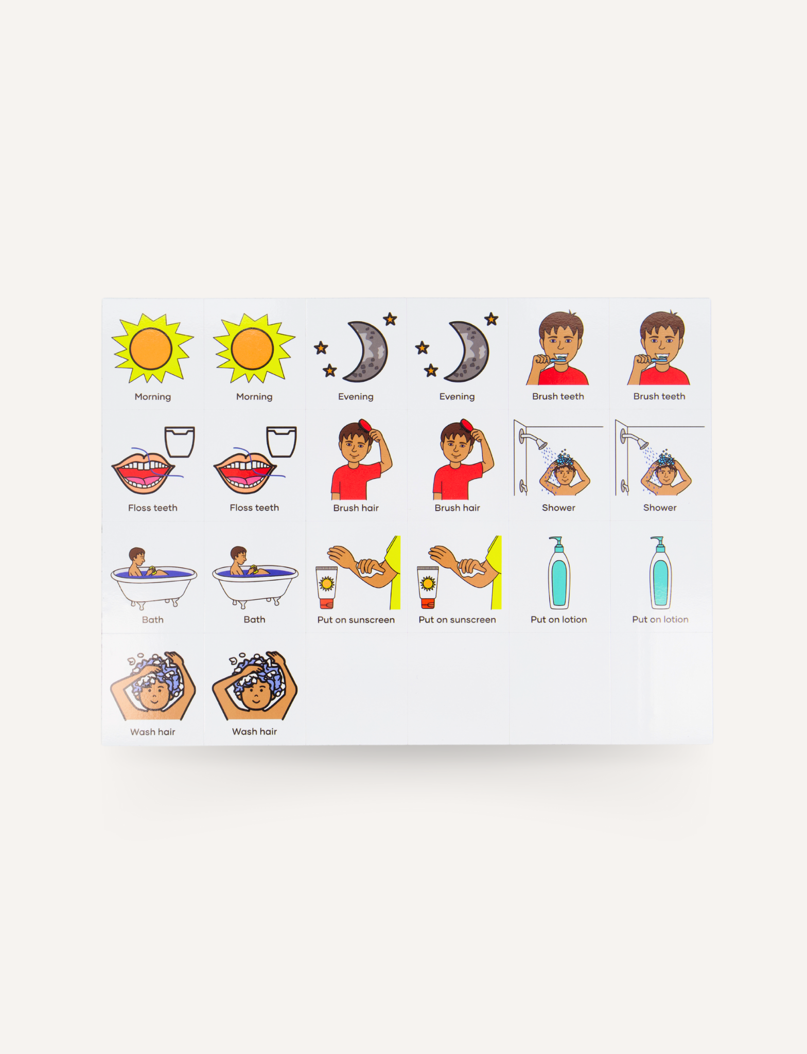 The Self-Care Magnetic Visual Sheet by Sensory Play Australia displays morning and evening tasks, such as brushing teeth, flossing, showering, bathing, using sunscreen, and applying lotion. Each vibrant magnet encourages independence and responsibility with its visual guidance symbols.