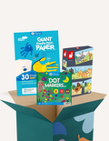 A large green box contains children's art supplies designed to foster creative expression: it features the Jar Melo Fine Motor Practice: Puzzle and Art Kit, which includes a pack of Giant Finger Paint Paper with a blue octopus and yellow crocodile, a Dot Painting Kit filled with colorful dots, and animal-themed tools that enhance fine motor skills.