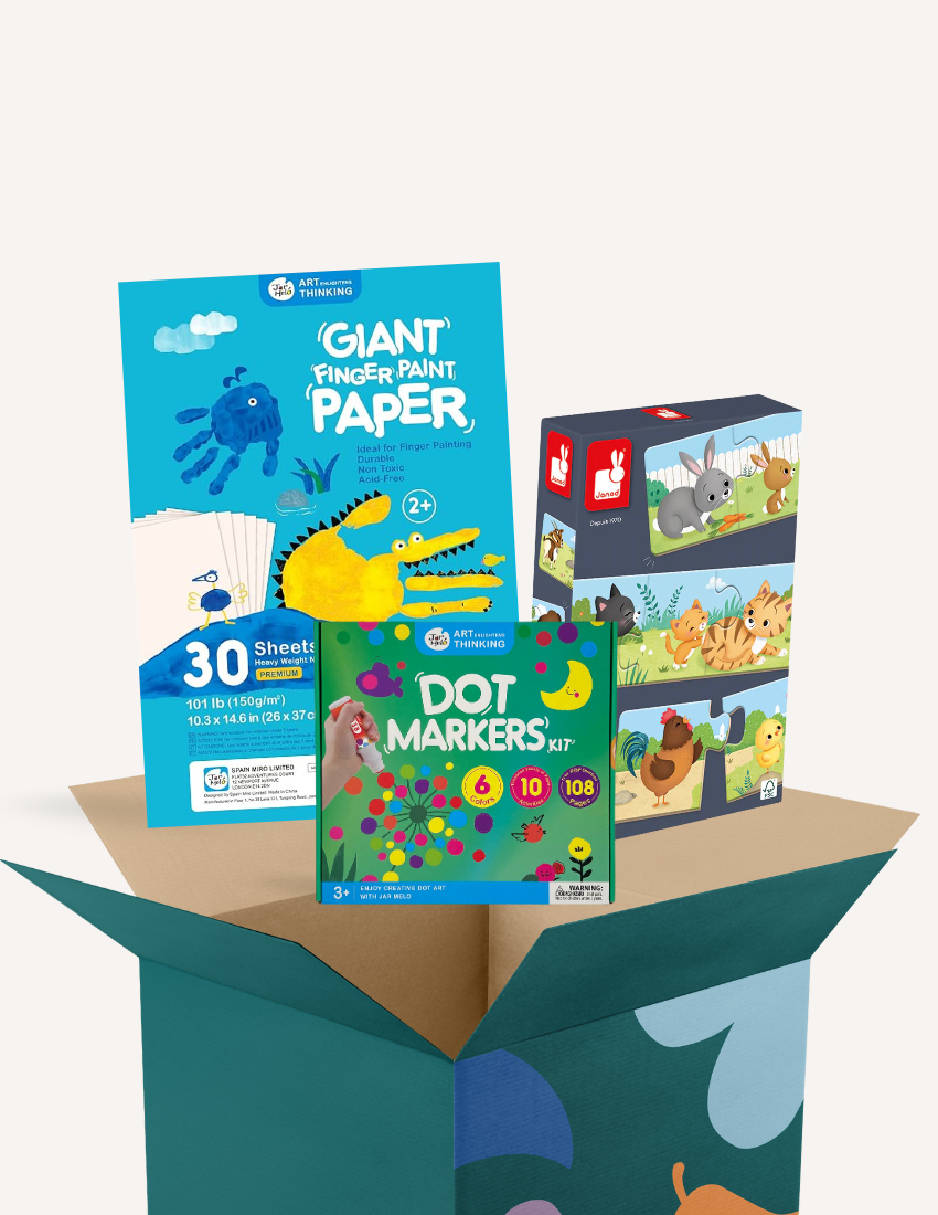 Art and craft supplies box including giant finger paint paper, dot markers, and puzzles.