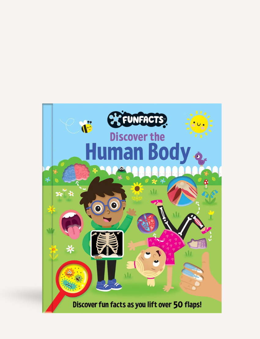 Introducing Lake Press's "FunFacts - Lift the Flap Book - The Human Body," a delightful children's book with a vibrant cover. It showcases cartoon illustrations, including a boy examining an X-ray and a girl doing a cartwheel, along with playful elements like a magnifying glass integrated into the design.