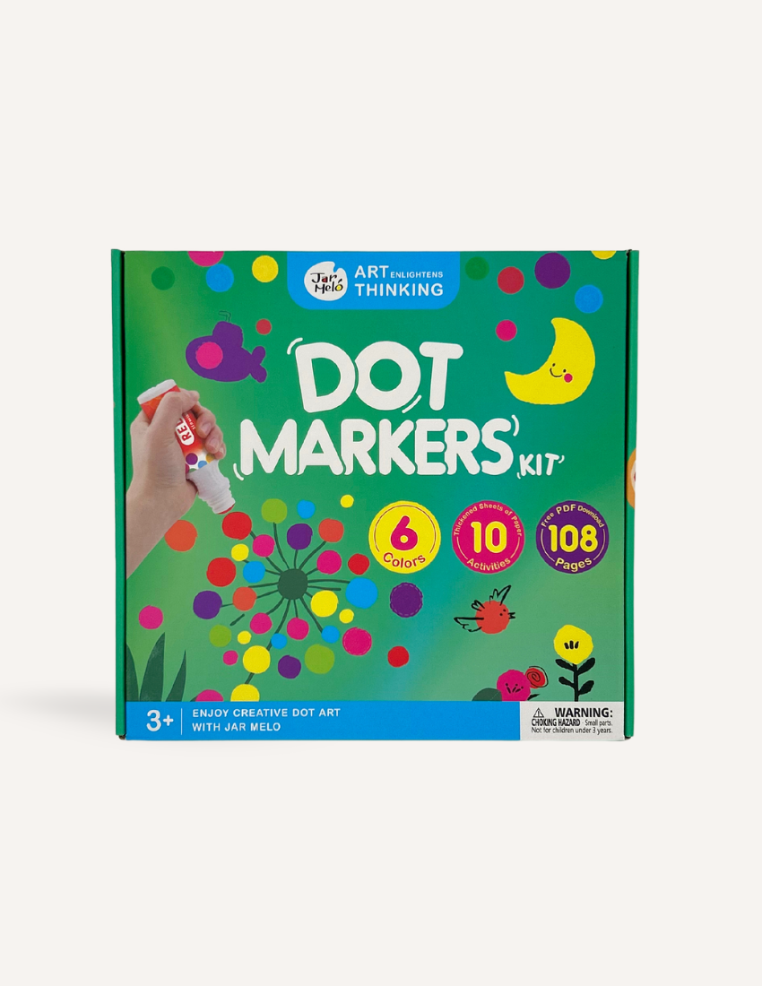 A large green box contains children's art supplies designed to foster creative expression: it features the Jar Melo Fine Motor Practice: Puzzle and Art Kit, which includes a pack of Giant Finger Paint Paper with a blue octopus and yellow crocodile, a Dot Painting Kit filled with colorful dots, and animal-themed tools that enhance fine motor skills.