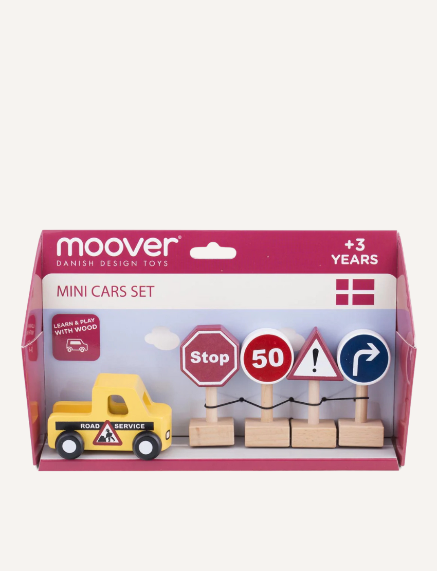 The image showcases Moover's Mini Car Sets, eco-friendly wooden toy vehicles including an electric car with solar panel, food truck, and road service vehicle. Ideal for role play, it also features signs like speed limit, stop sign, and exclamation mark warning.