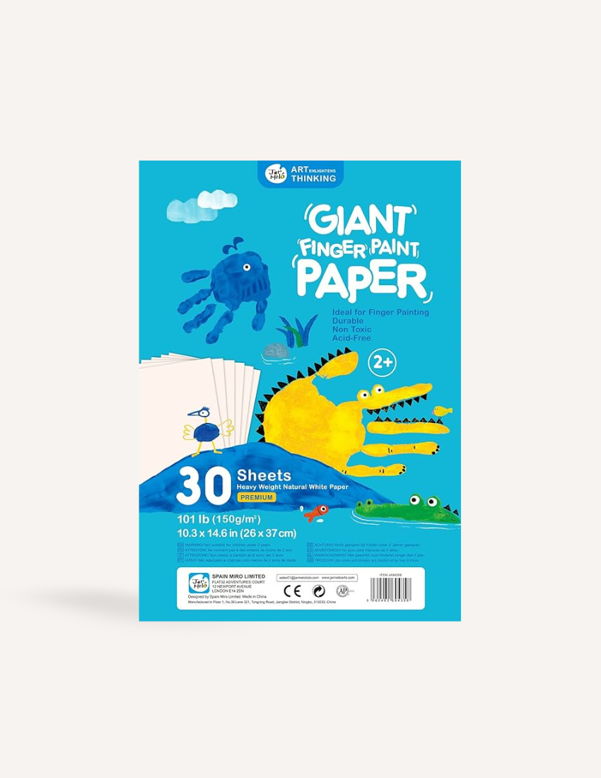 Packaging for Giant Finger Paint Paper featuring a blue handprint and a yellow crocodile.