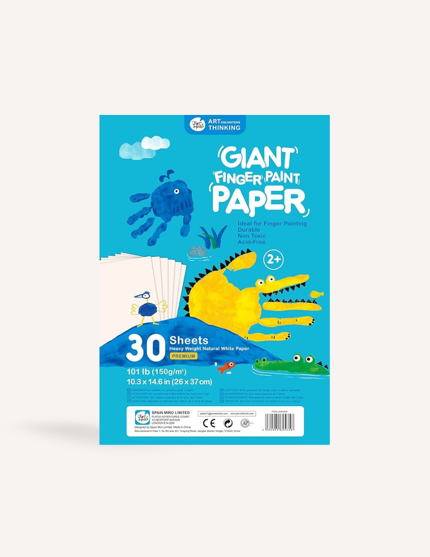 A large green box contains children's art supplies designed to foster creative expression: it features the Jar Melo Fine Motor Practice: Puzzle and Art Kit, which includes a pack of Giant Finger Paint Paper with a blue octopus and yellow crocodile, a Dot Painting Kit filled with colorful dots, and animal-themed tools that enhance fine motor skills.