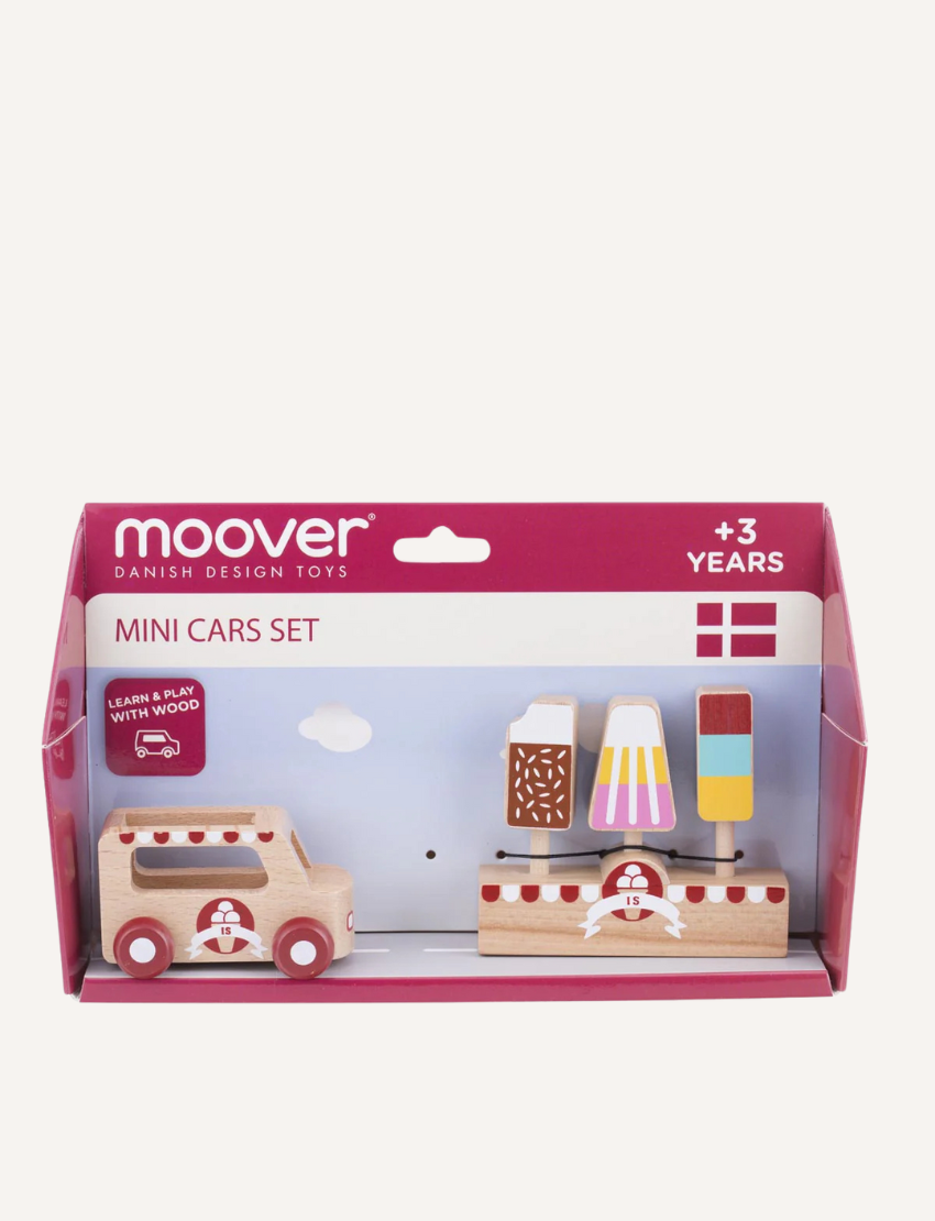 The image showcases Moover's Mini Car Sets, eco-friendly wooden toy vehicles including an electric car with solar panel, food truck, and road service vehicle. Ideal for role play, it also features signs like speed limit, stop sign, and exclamation mark warning.