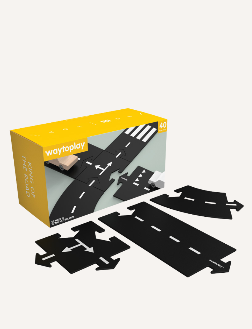 The box labeled "King Of The Road" from Waytoplay contains 40 road pieces. The packaging features a small car on constructed road segments, with various black pieces—curved and straight—displayed in front of the box.