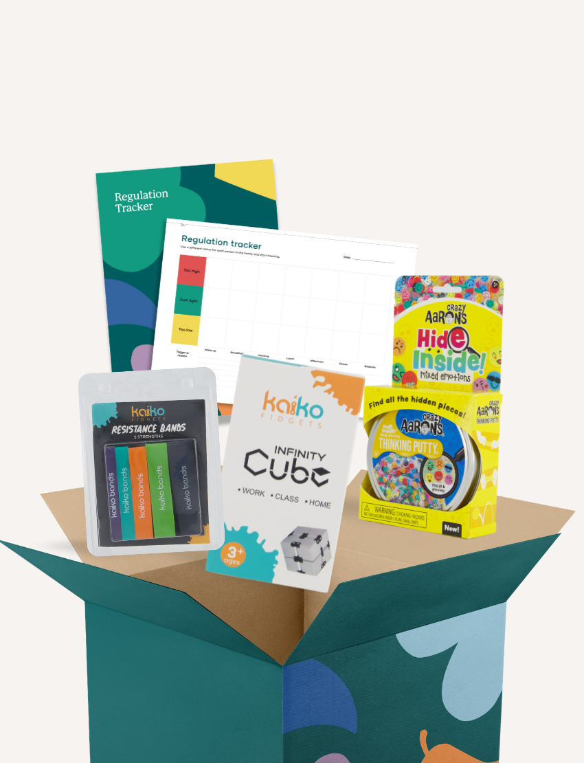 The "Understanding My Regulation Preferences Kit" by The Play Way is a green and teal box filled with various sensory and stress relief products, including a pack of resistance bands, an infinity cube, a box of Aaron's Thinking Putty, and a Hide Inside toy. Additionally, it comes with a regulation tracker sheet.