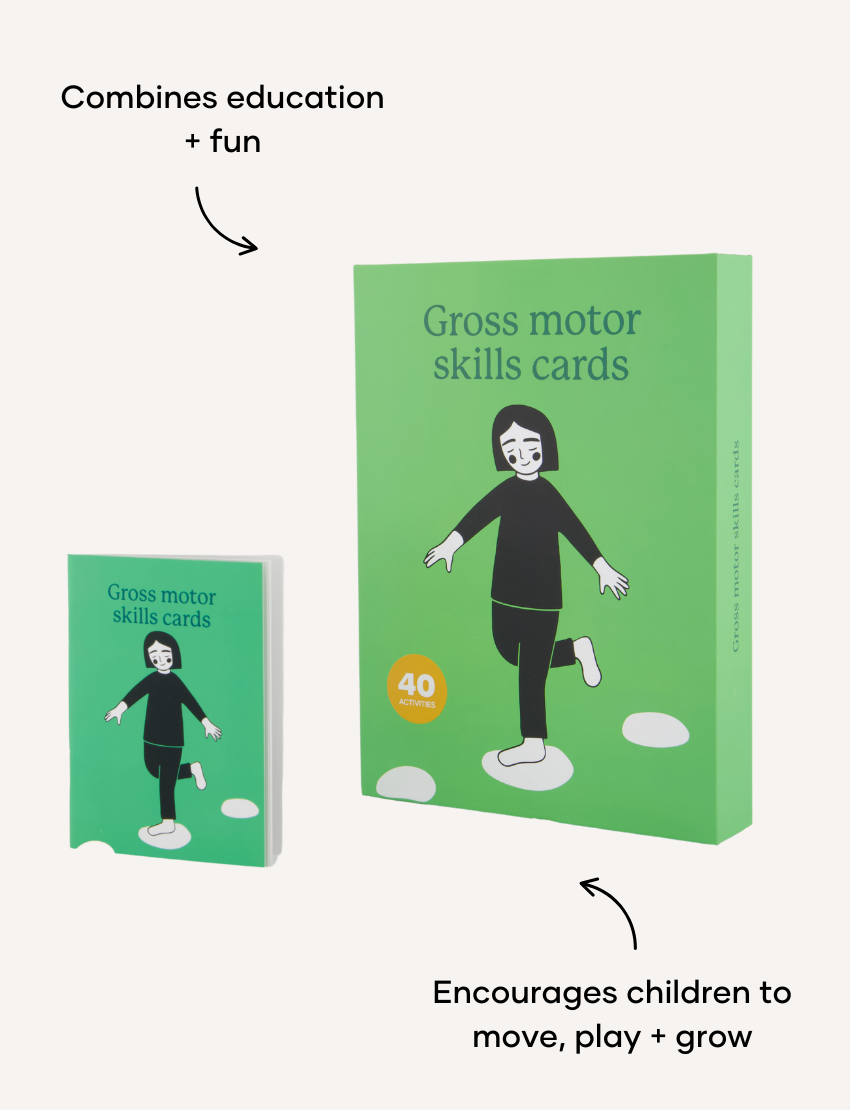 Two green boxes titled "Gross Motor Skills Cards Set" from Sensory Play Australia focus on physical development. The smaller box is on the left, while the larger one with a stepping-stones illustration is on the right. Each contains 40 cards designed to improve gross motor skills.