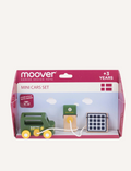 The image showcases Moover's Mini Car Sets, eco-friendly wooden toy vehicles including an electric car with solar panel, food truck, and road service vehicle. Ideal for role play, it also features signs like speed limit, stop sign, and exclamation mark warning.