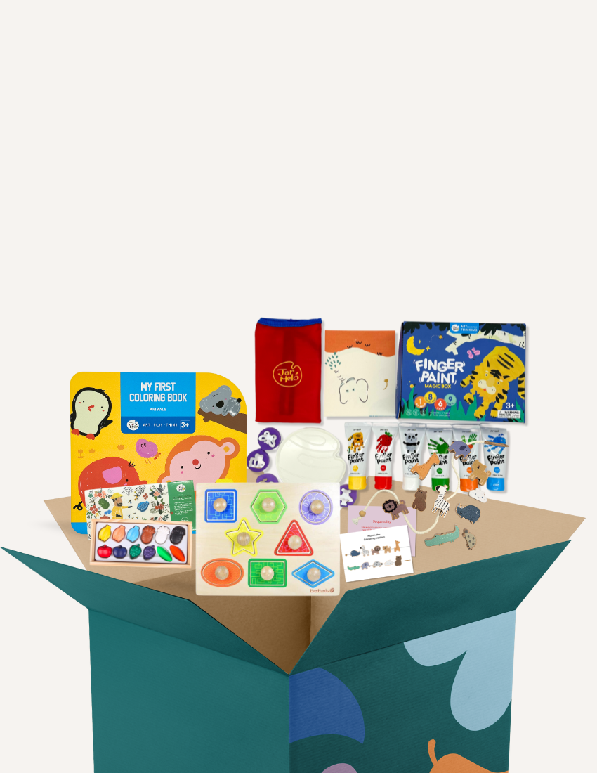 The Play Way's Fine-Motor Practice: Puzzle and Craft Kit is a large open green box designed to enhance sensory-rich creativity and early learning. It includes a variety of children's art supplies such as a coloring book, a finger paint set, colored shapes, markers, and activity cards, all showcased against a plain white background.