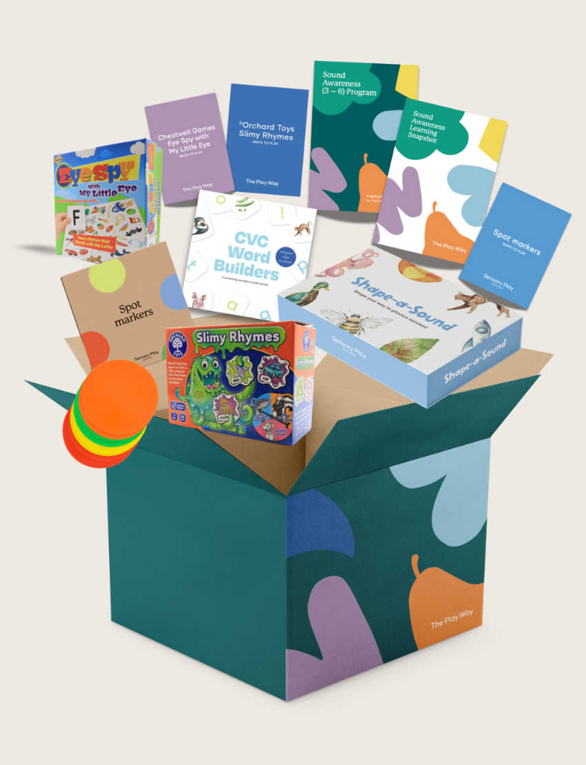 A colorful "Sound Awareness Program" box from The Play Way is open, revealing educational toys and books for phonological awareness. Inside are "CVC Word Builders," "Spot Markers," and "Slimy Rhymes," all in vibrant packaging designed to inspire early handwriting skills.