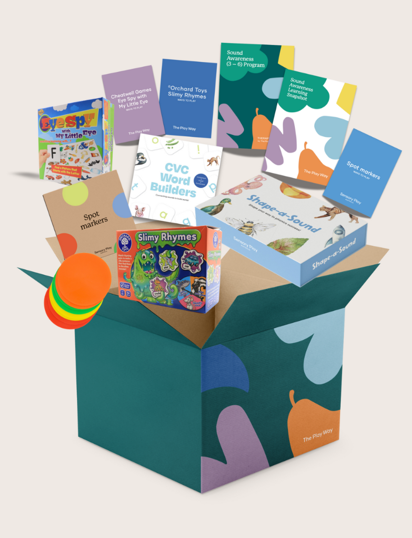 A teal box labeled "Sound Awareness Program" by Therapy At Home holds games, books, spot markers, and activity cards for pre-literacy skills, with some items inside the box and others floating above colorful shapes.