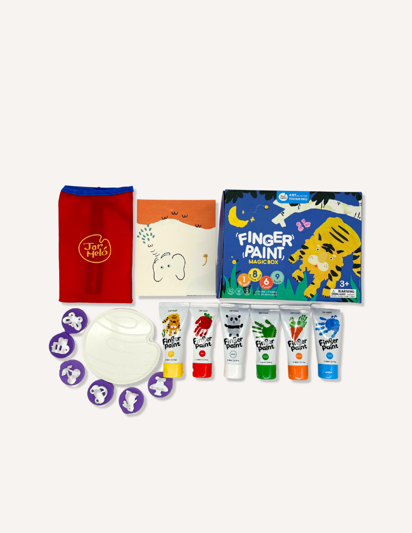 The Play Way Finger Paint Magic Box kit includes vibrant paints, animal stamps, and palette, fostering sensory play and fine motor development.