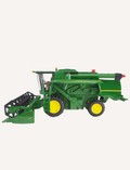 A Bruder John Deere Combine Harvester in green, complete with yellow wheels, is showcased with its header detached and positioned beside it. This T 670i model features a meticulously detailed exterior that captures the essence of traditional agricultural machinery.