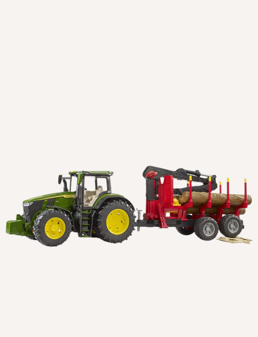 The Bruder John Deere Tractor with Forestry Trailer & Trunks, a green toy tractor inspired by the iconic John Deere 7R, boasts large yellow wheels and is accompanied by a red logging trailer loaded with logs. This miniature agricultural scene on a plain white background beautifully encapsulates the essence of farming equipment in play.