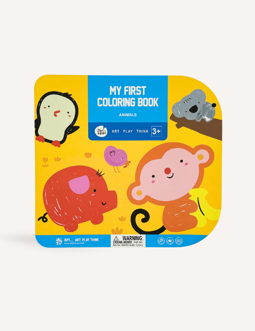 The Play Way's "My First Coloring Book: Animals" for early learners, featuring cartoon pig, monkey, and penguin, boosting fine motor skills.