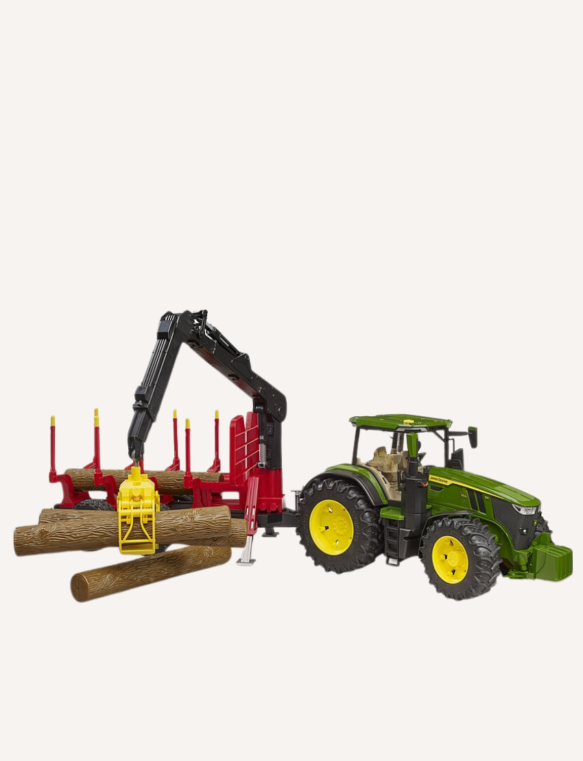 The Bruder John Deere Tractor with Forestry Trailer & Trunks, a green toy tractor inspired by the iconic John Deere 7R, boasts large yellow wheels and is accompanied by a red logging trailer loaded with logs. This miniature agricultural scene on a plain white background beautifully encapsulates the essence of farming equipment in play.