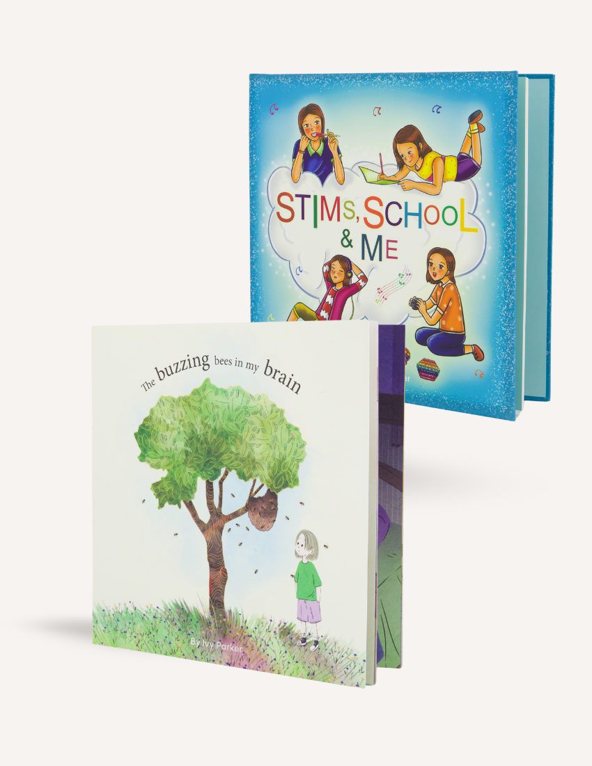 Sensory Play Australia presents their therapist-designed Sensory Support Storybook Bundle, with 'The buzzing bees in my brain' and 'Stims, School & Me' open.