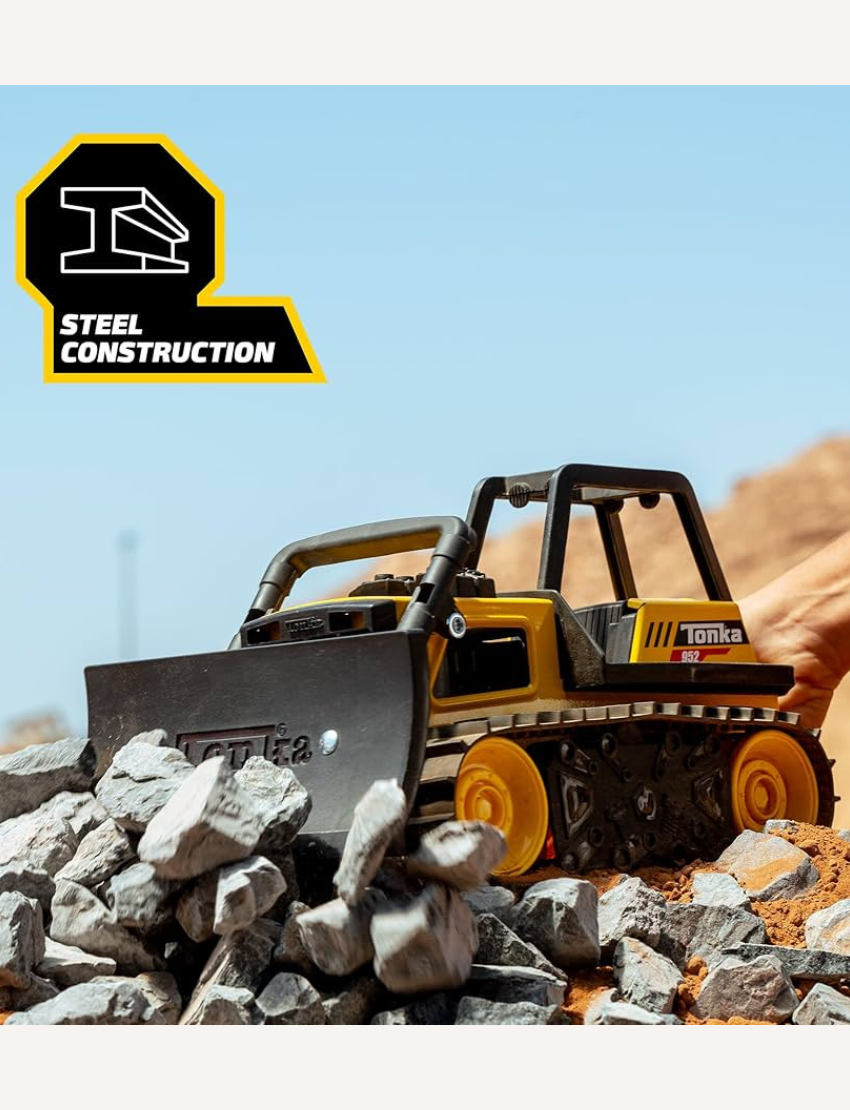 A yellow and black Tonka Steel Bulldozer with "Tonka" displayed on the front blade. As part of the Tonka Steel Classics, it boasts realistic tread and detailing, perfect for imaginative play. The bulldozer is captured at a slight angle against a plain background.