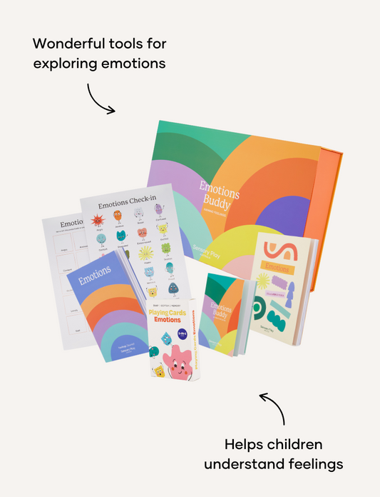 The "Emotions Buddy Naming Feelings Set" by Sensory Play Australia is a colorful box set for children, featuring an empathy-building emotions check-in chart, playing cards labeled "Emotions," a guidebook, and illustrated emotion-themed materials. The packaging is decorated with vibrant rainbow designs.