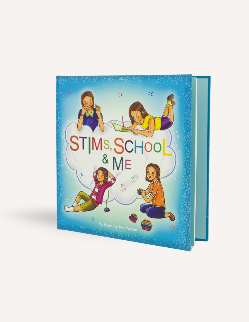 The image shows the cover of a book titled "Stims, School and Me Storybook," written by Ivy Parker. The cover, framed within a blue border, features illustrations of four children engaged in activities like knitting, writing, reading, and listening to music—each activity aiding with sensory needs and emotional regulation. The book is offered by Sensory Play Australia.