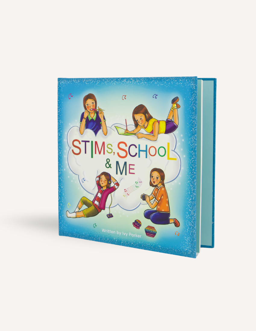 Stims, School & Me Storybook cover from Sensory Play Australia, illustrating effective stims for sensory and emotional regulation at school. This 28-page book helps kids aged 1-12.