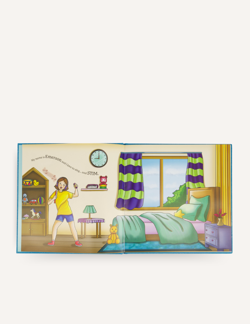 The image shows the cover of a book titled "Stims, School and Me Storybook," written by Ivy Parker. The cover, framed within a blue border, features illustrations of four children engaged in activities like knitting, writing, reading, and listening to music—each activity aiding with sensory needs and emotional regulation. The book is offered by Sensory Play Australia.